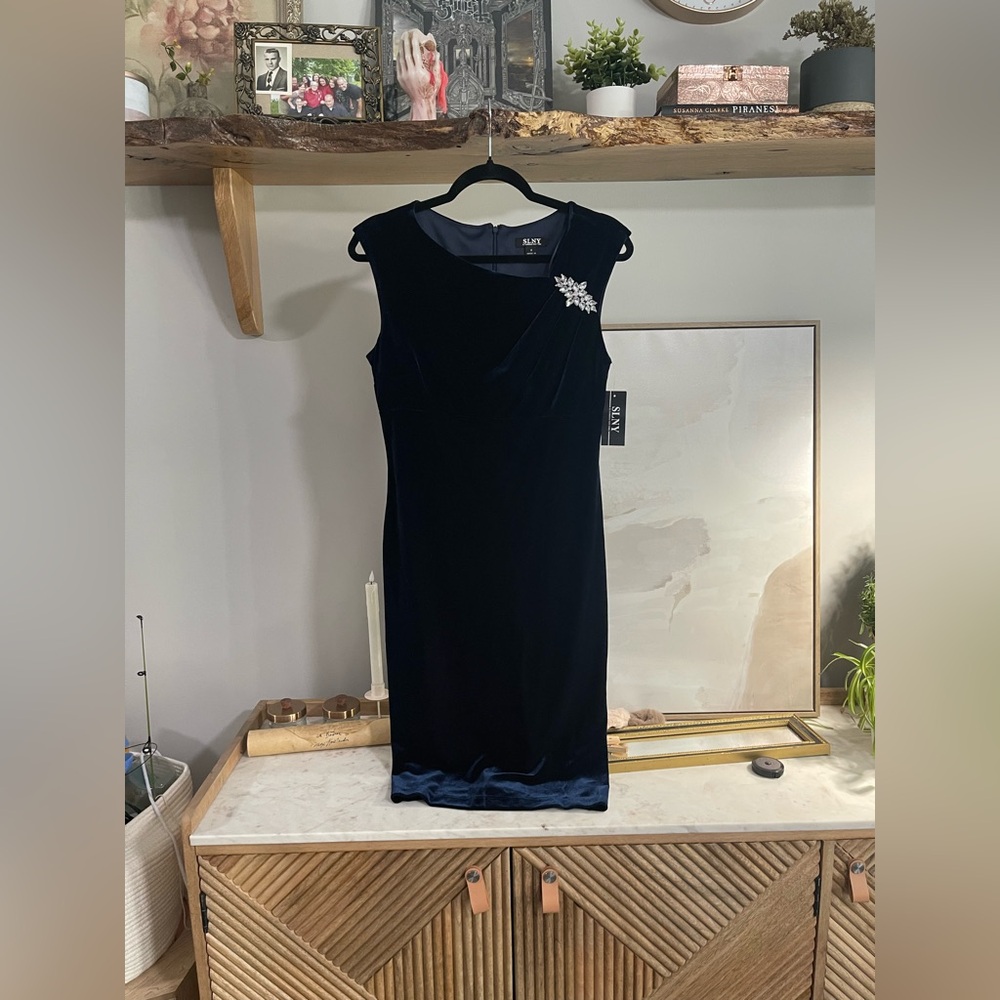 NWT SLNY Midnight Blue Midi Dress with Embellishment